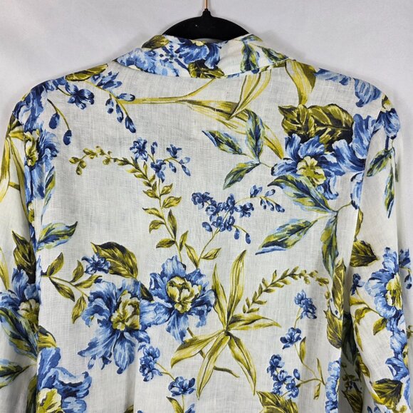 Joie Long Sleeve Linen Wrap Blouse Women's Size Large Ivory, Blue, Yellow Floral - Picture 11 of 12